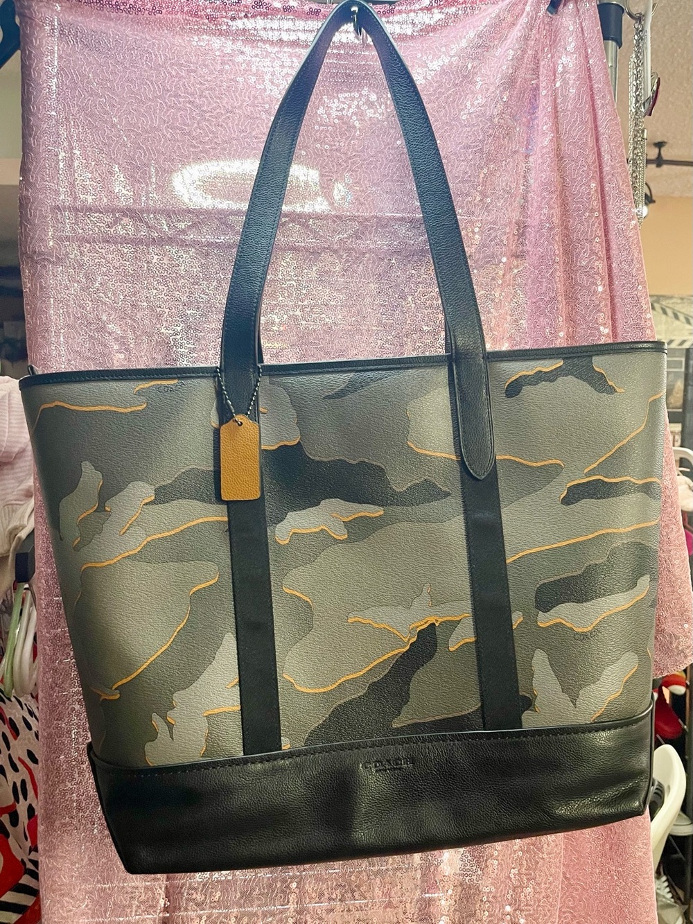 Coach Camouflage Tote in Green, Gray & Black with Tan Accent